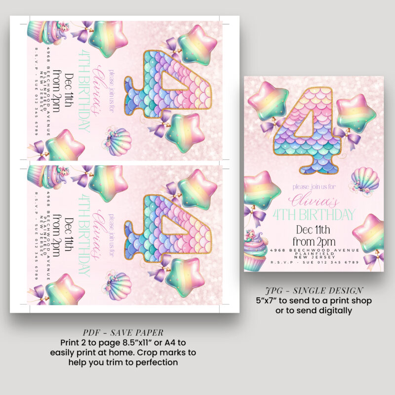 Mermaid 4th Birthday Invitation – Pastel Rainbow Shell Party Children's Birthday Invitations