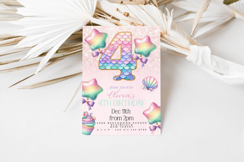 Mermaid 4th Birthday Invitation – Pastel Rainbow Shell Party Children's Birthday Invitations