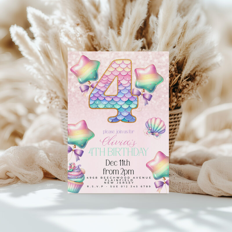 Mermaid 4th birthday invitation for girls with rainbow balloons, seashells, and pastel pink ocean theme