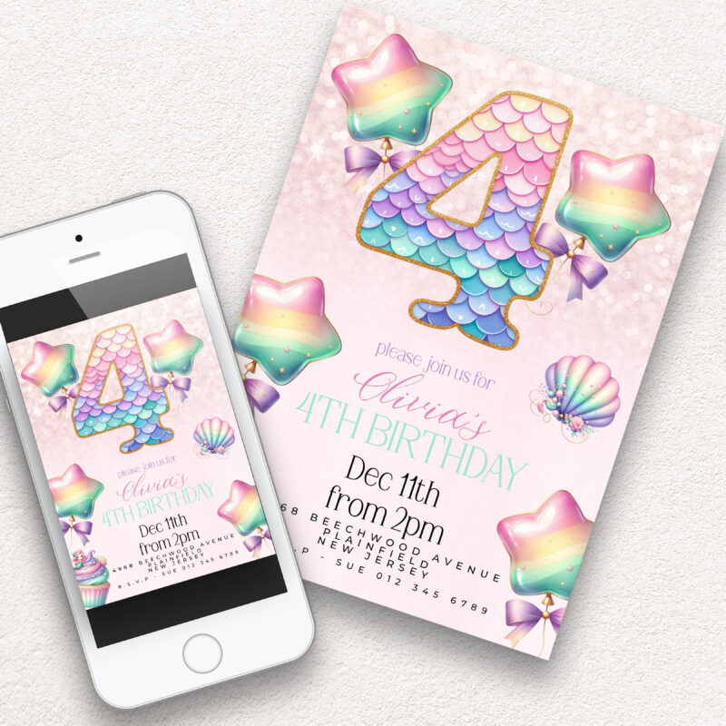 Mermaid 4th Birthday Invitation – Pastel Rainbow Shell Party Children's Birthday Invitations