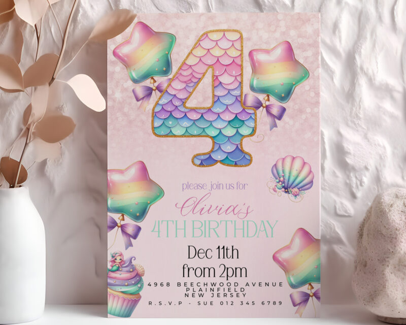 Mermaid 4th Birthday Invitation – Pastel Rainbow Shell Party Children's Birthday Invitations