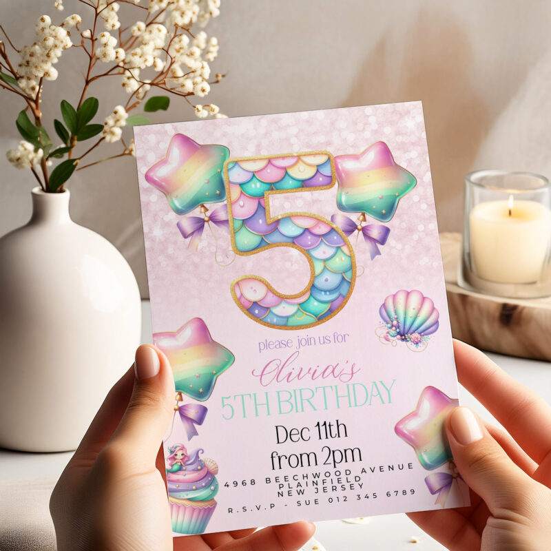 Mermaid 5th Birthday Invitation – Pastel Rainbow Under the Sea Children's Birthday Invitations