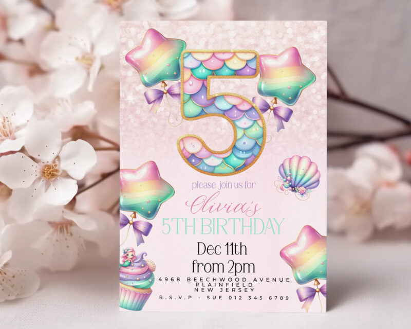 Mermaid 5th Birthday Invitation – Pastel Rainbow Under the Sea Children's Birthday Invitations
