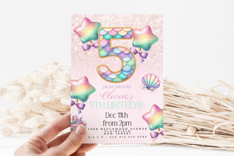 Mermaid 5th Birthday Invitation – Pastel Rainbow Under the Sea Children's Birthday Invitations