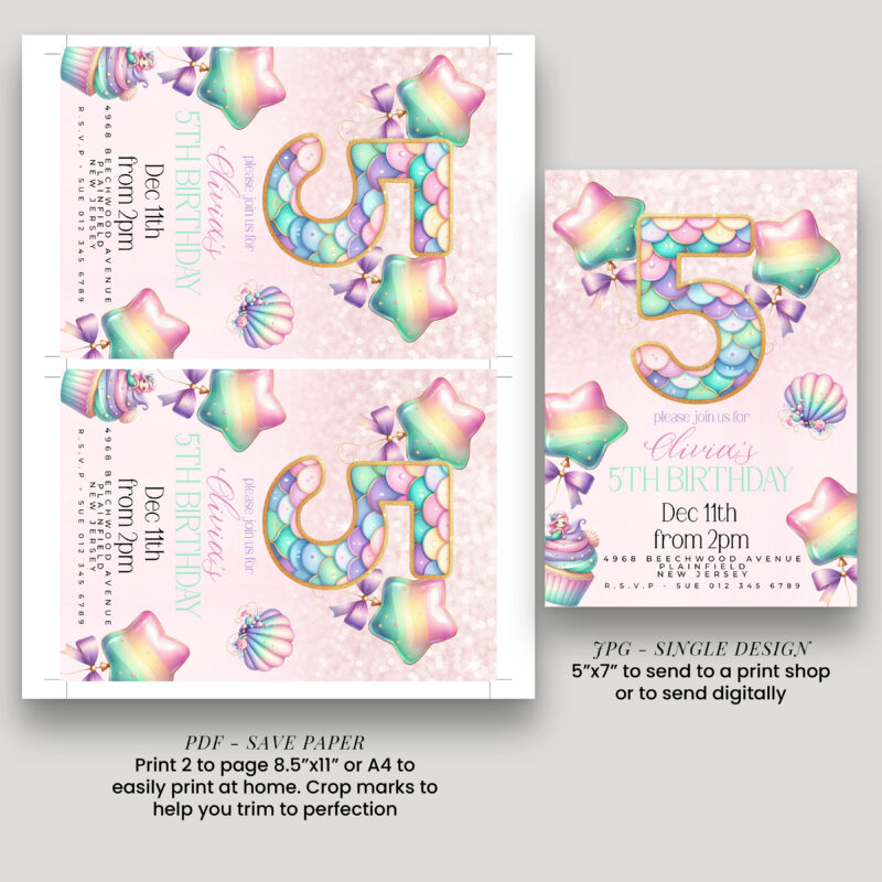 Mermaid 5th Birthday Invitation – Pastel Rainbow Under the Sea Children's Birthday Invitations
