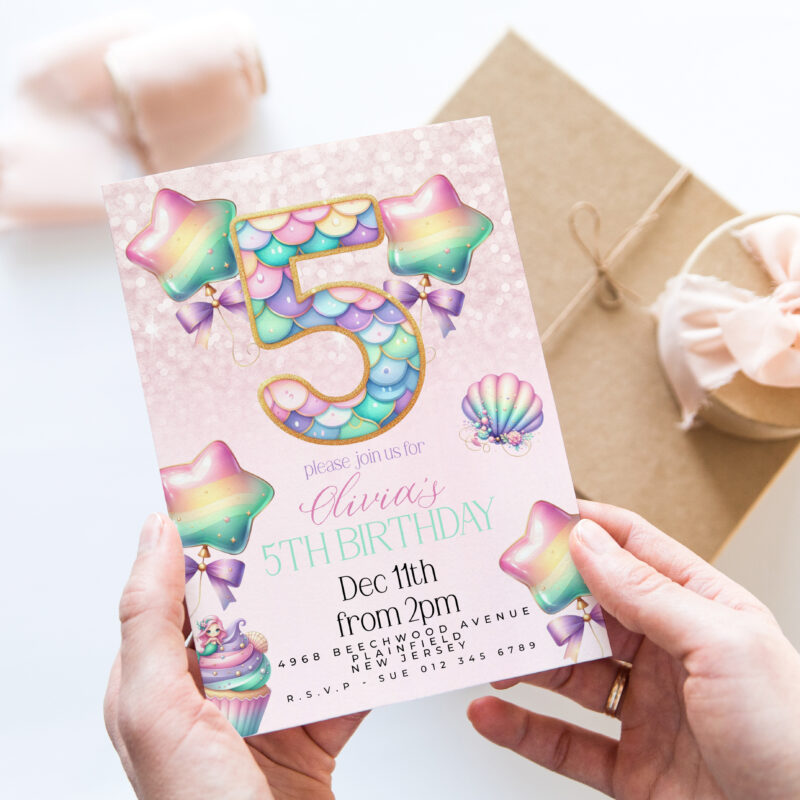 Mermaid 5th Birthday Invitation – Pastel Rainbow Under the Sea Children's Birthday Invitations