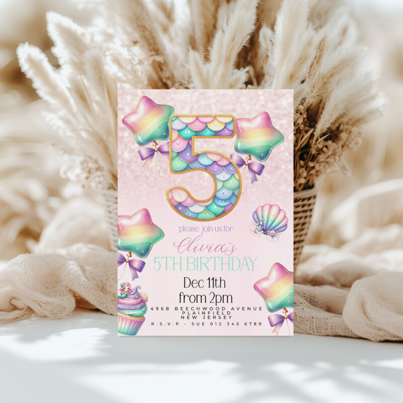 Mermaid 5th Birthday Invitation – Pastel Rainbow Under the Sea Children's Birthday Invitations