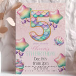 Mermaid birthday invitation for girl turning 5 with pastel rainbow balloons, shell graphics, and cupcake art