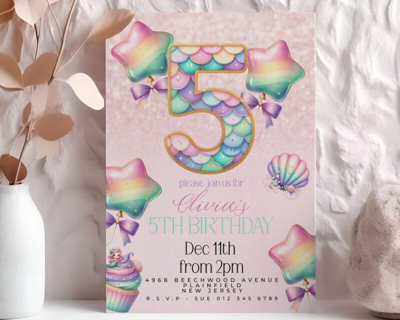 Mermaid 5th Birthday Invitation – Pastel Rainbow Under the Sea Children's Birthday Invitations