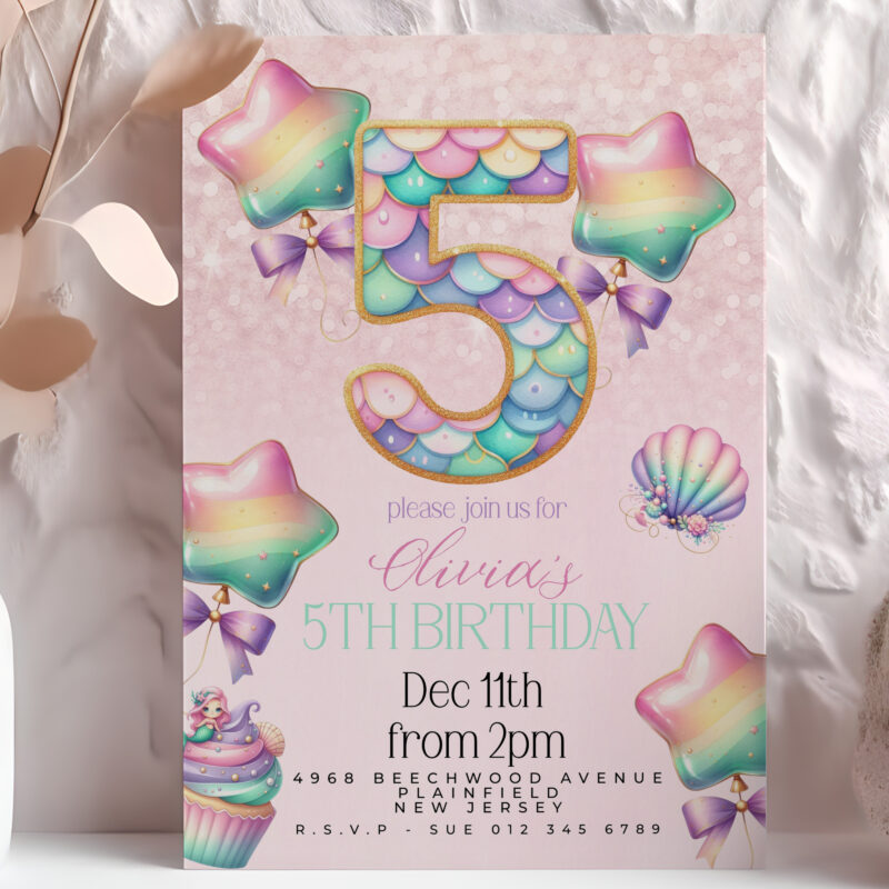 Mermaid birthday invitation for girl turning 5 with pastel rainbow balloons, shell graphics, and cupcake art