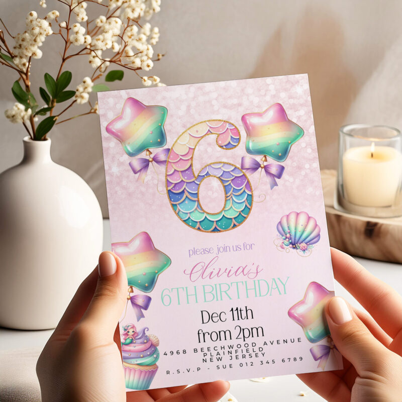 Mermaid 6th Birthday Invitation – Pastel Rainbow Sea Theme Children's Birthday Invitations