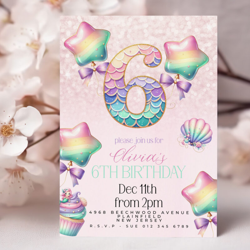 Mermaid 6th Birthday Invitation – Pastel Rainbow Sea Theme Children's Birthday Invitations
