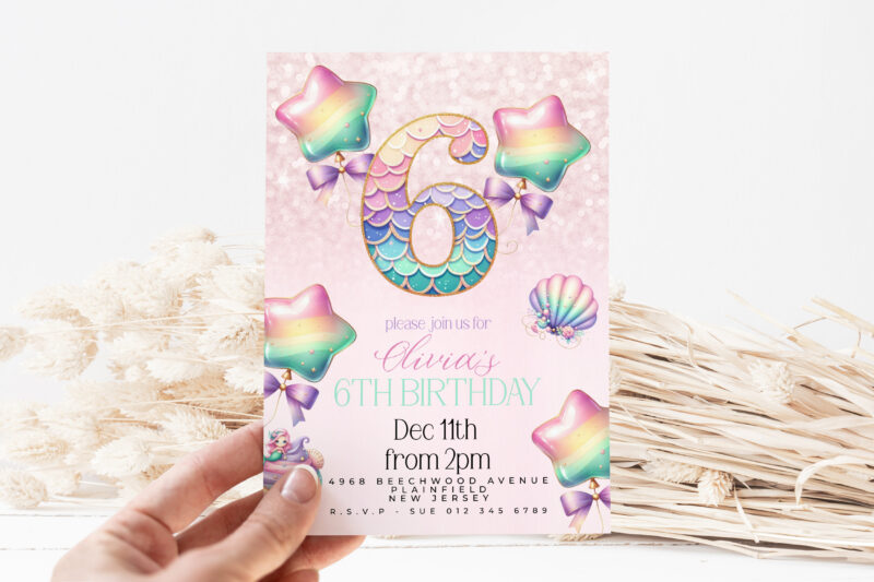 Mermaid 6th Birthday Invitation – Pastel Rainbow Sea Theme Children's Birthday Invitations