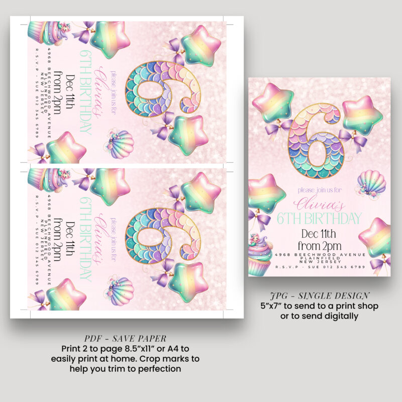Mermaid 6th Birthday Invitation – Pastel Rainbow Sea Theme Children's Birthday Invitations