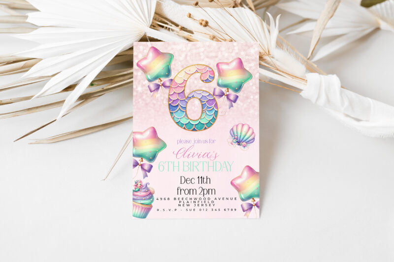 Mermaid 6th Birthday Invitation – Pastel Rainbow Sea Theme Children's Birthday Invitations