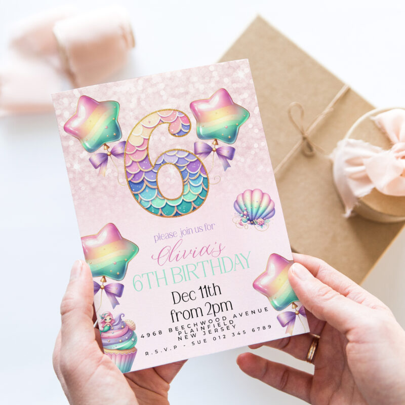 Mermaid 6th Birthday Invitation – Pastel Rainbow Sea Theme Children's Birthday Invitations