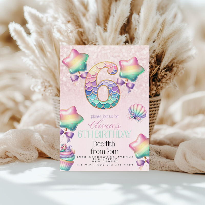 Mermaid 6th Birthday Invitation – Pastel Rainbow Sea Theme Children's Birthday Invitations
