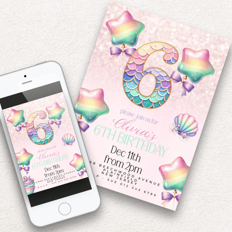 Mermaid 6th Birthday Invitation – Pastel Rainbow Sea Theme Children's Birthday Invitations