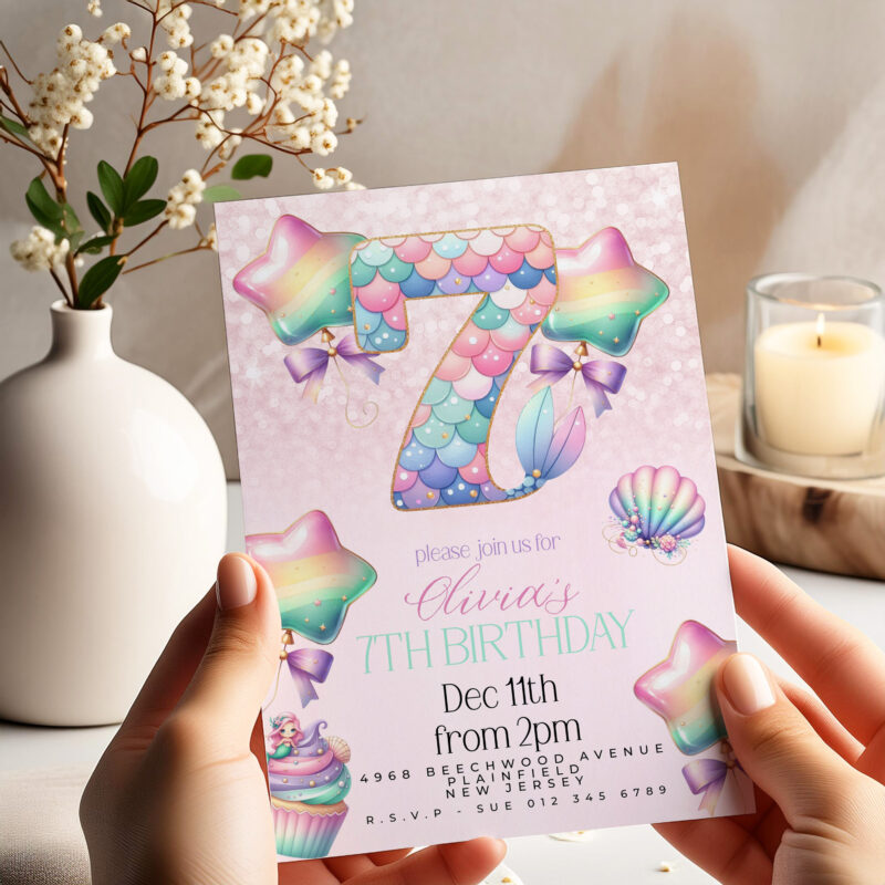Mermaid 7th Birthday Invitation – Pastel Rainbow Party Theme Children's Birthday Invitations