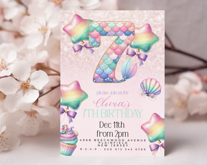 Mermaid 7th Birthday Invitation – Pastel Rainbow Party Theme Children's Birthday Invitations