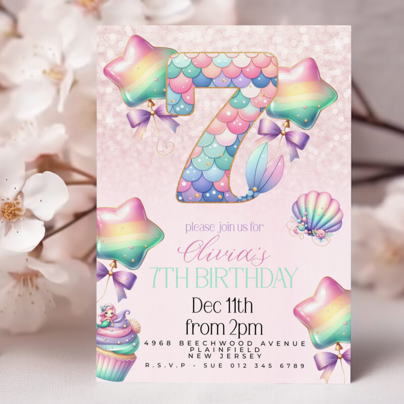 Mermaid 7th Birthday Invitation – Pastel Rainbow Party Theme Children's Birthday Invitations