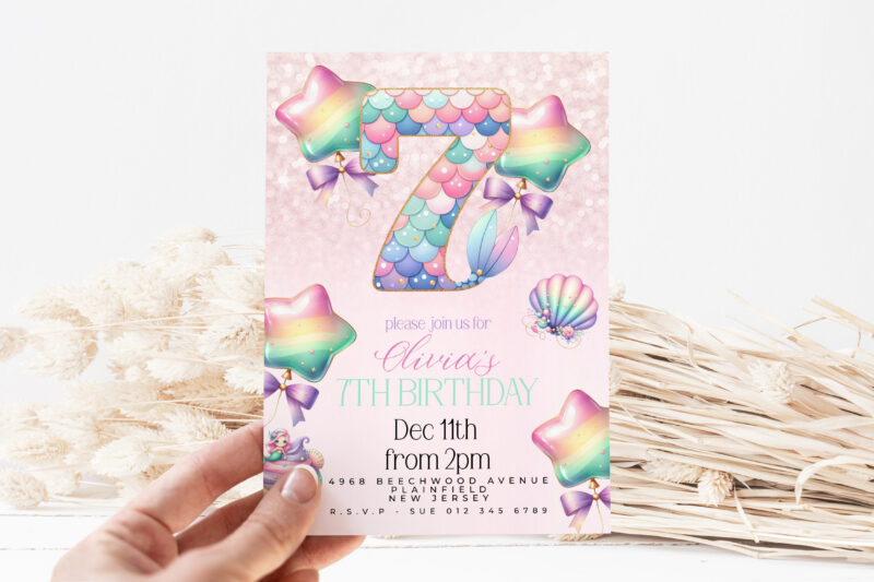 Mermaid 7th Birthday Invitation – Pastel Rainbow Party Theme Children's Birthday Invitations