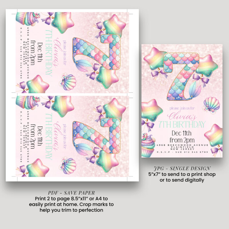 Mermaid 7th Birthday Invitation – Pastel Rainbow Party Theme Children's Birthday Invitations