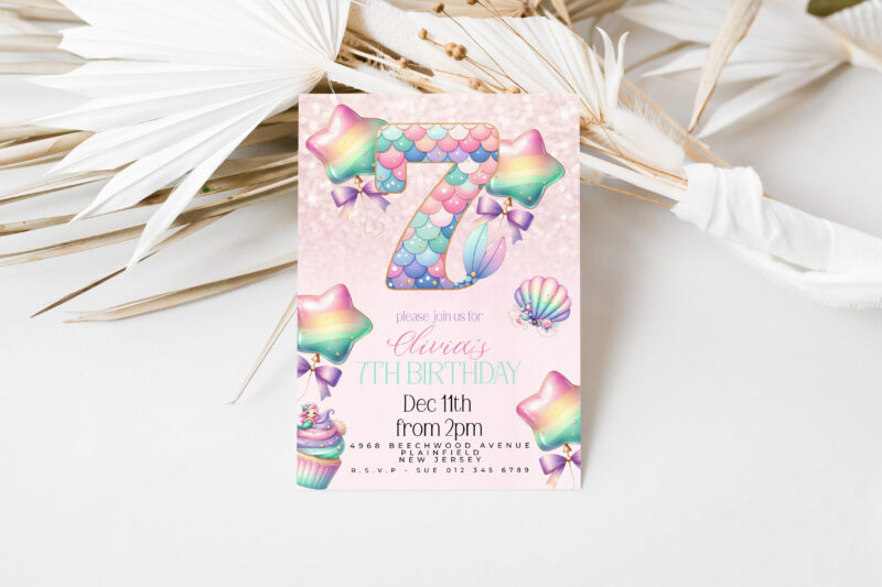 Mermaid 7th Birthday Invitation – Pastel Rainbow Party Theme Children's Birthday Invitations