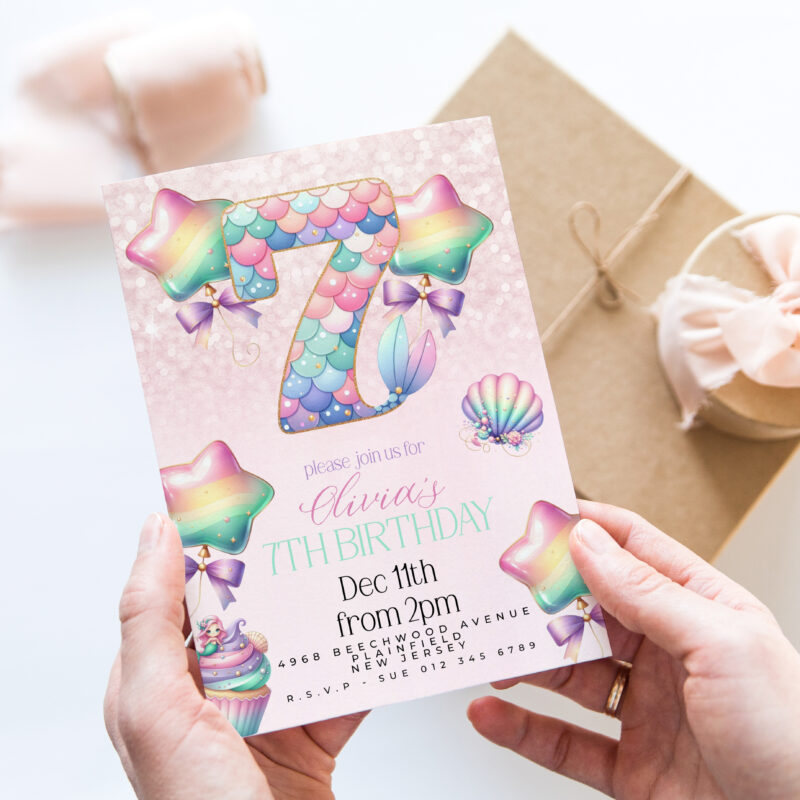Mermaid 7th Birthday Invitation – Pastel Rainbow Party Theme Children's Birthday Invitations