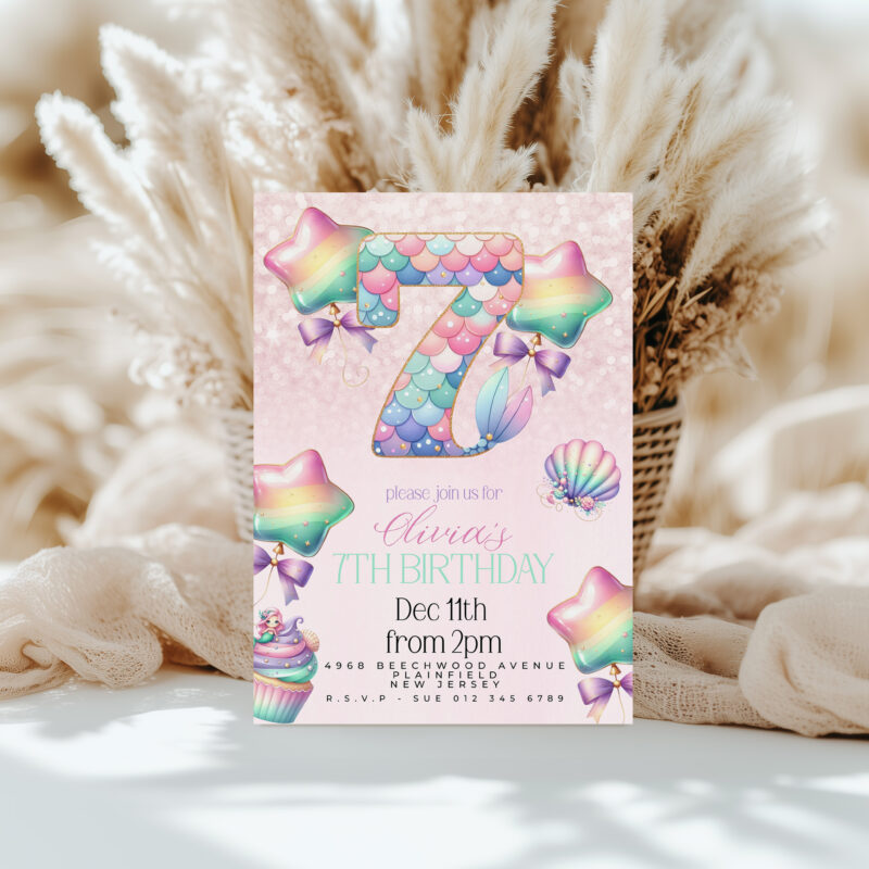 Mermaid 7th Birthday Invitation – Pastel Rainbow Party Theme Children's Birthday Invitations