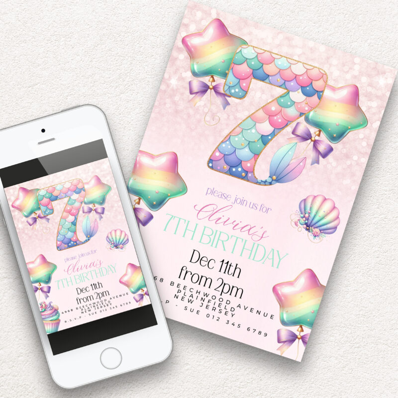 Mermaid 7th Birthday Invitation – Pastel Rainbow Party Theme Children's Birthday Invitations