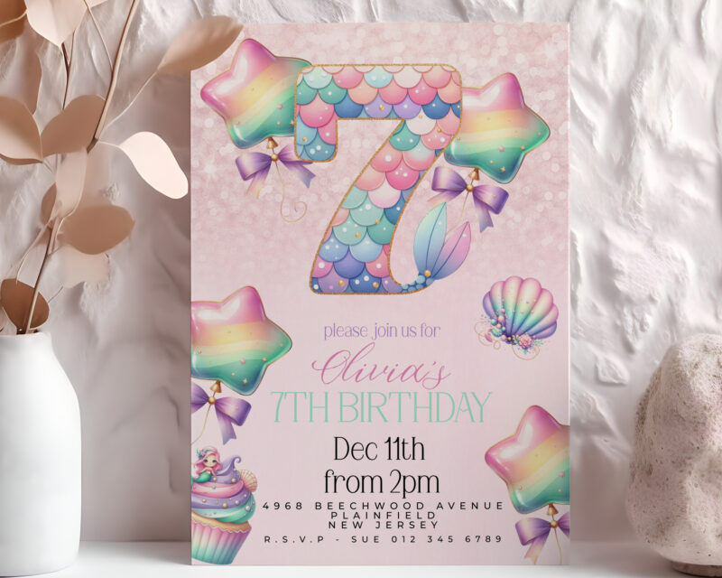 Mermaid 7th Birthday Invitation – Pastel Rainbow Party Theme Children's Birthday Invitations