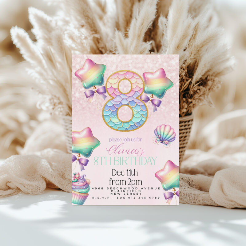 Mermaid 8th Birthday Party Invitation – Rainbow Stars & Shells Children's Birthday Invitations