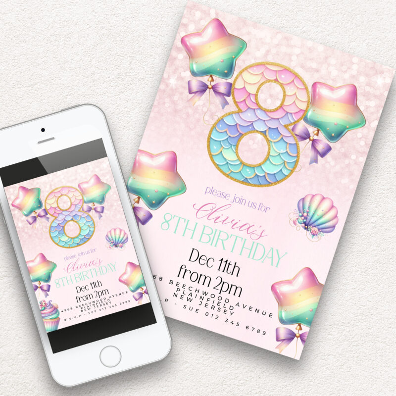 Mermaid 8th Birthday Party Invitation – Rainbow Stars & Shells Children's Birthday Invitations