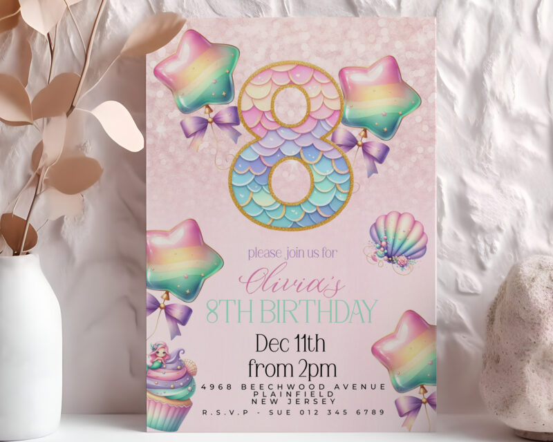 Mermaid 8th Birthday Party Invitation – Rainbow Stars & Shells Children's Birthday Invitations