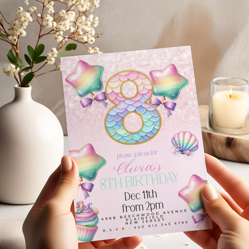 Mermaid 8th Birthday Party Invitation – Rainbow Stars & Shells Children's Birthday Invitations