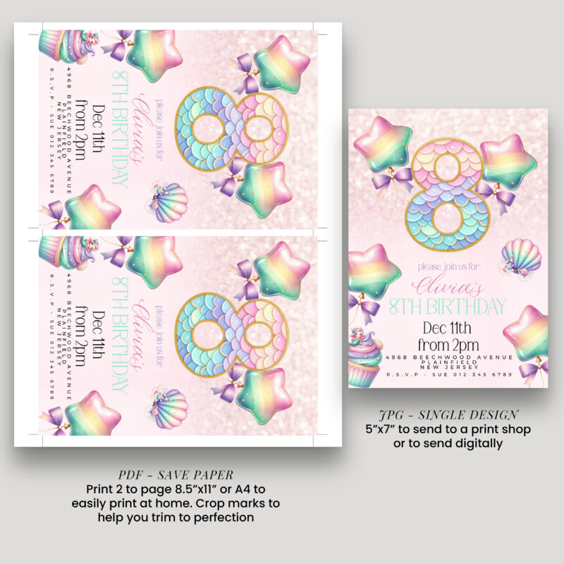 Mermaid 8th Birthday Party Invitation – Rainbow Stars & Shells Children's Birthday Invitations