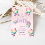Editable pastel mermaid-themed Save the Date card for girl’s birthday with rainbow balloons, shell, and cupcake