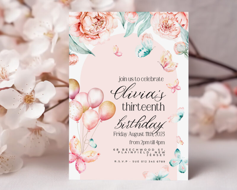 Butterfly Balloons 13th Birthday Invitation – Editable Digital Download Children's Birthday Invitations