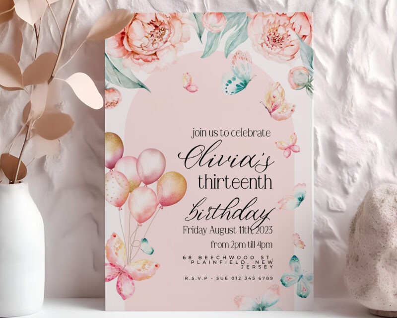 Butterfly Balloons 13th Birthday Invitation – Editable Digital Download Children's Birthday Invitations