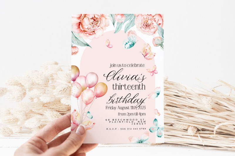 Butterfly Balloons 13th Birthday Invitation – Editable Digital Download Children's Birthday Invitations