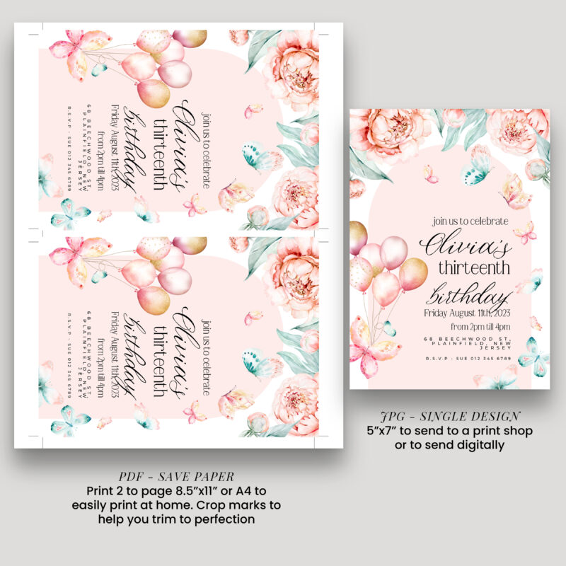 Butterfly Balloons 13th Birthday Invitation – Editable Digital Download Children's Birthday Invitations