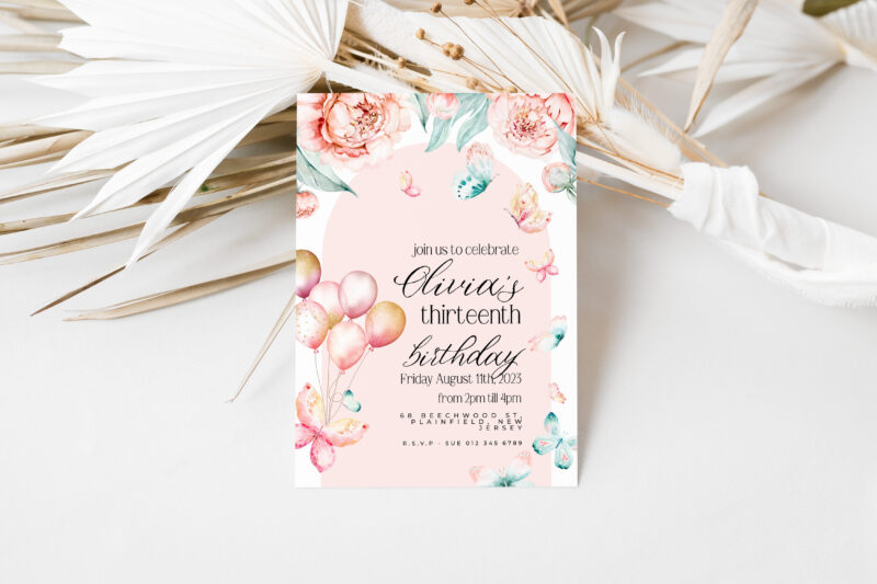 Butterfly Balloons 13th Birthday Invitation – Editable Digital Download Children's Birthday Invitations