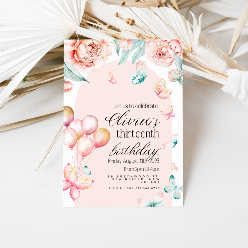 Editable thirteenth birthday invitation with pink balloons, butterflies, and floral design