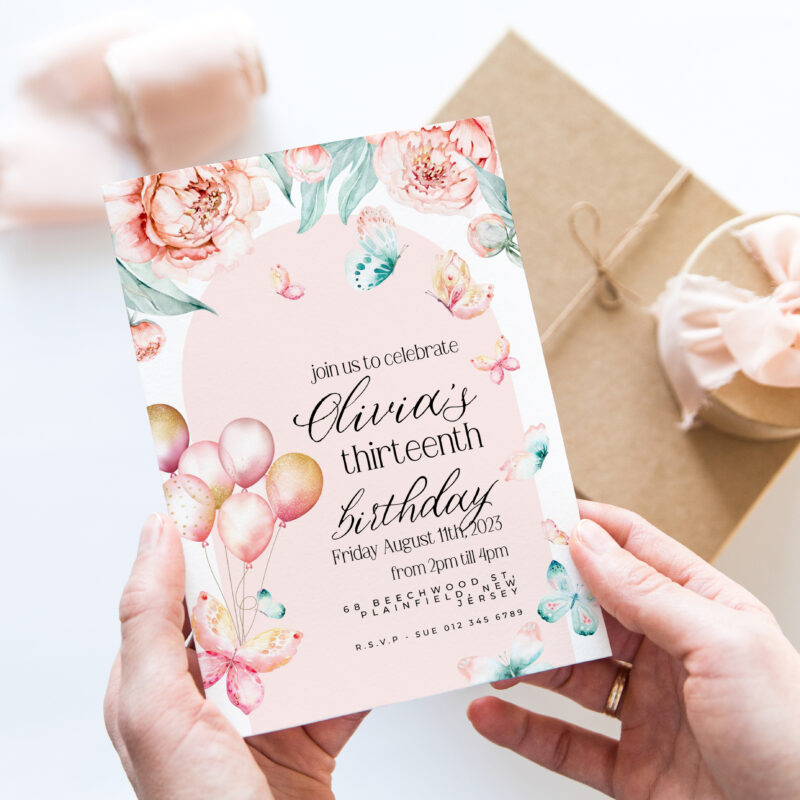Butterfly Balloons 13th Birthday Invitation – Editable Digital Download Children's Birthday Invitations