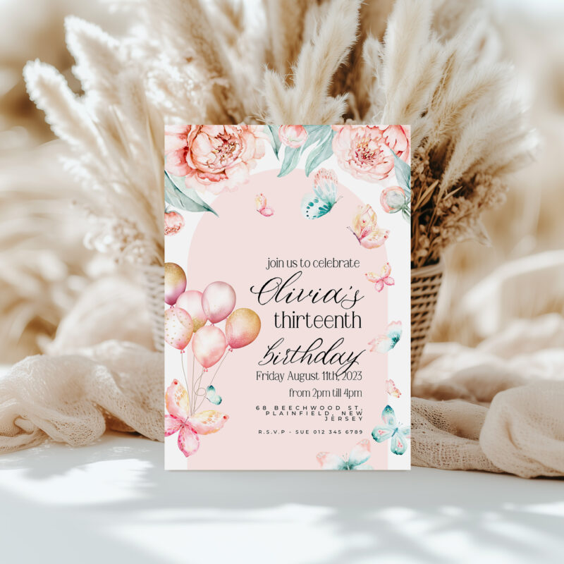 Butterfly Balloons 13th Birthday Invitation – Editable Digital Download Children's Birthday Invitations