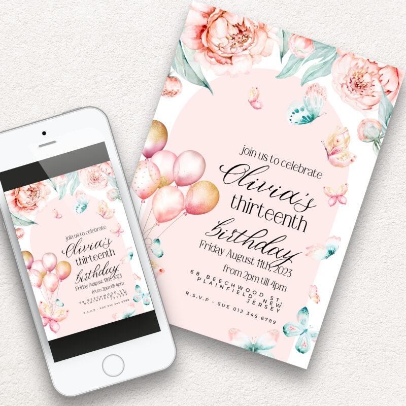 Butterfly Balloons 13th Birthday Invitation – Editable Digital Download Children's Birthday Invitations