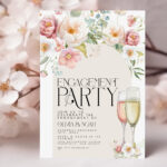 Editable floral engagement party invitation with champagne glasses and watercolor flowers