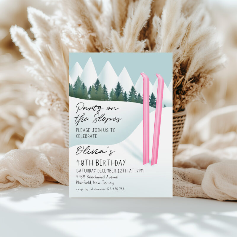 Party on the Slopes Invitation – Pink Ski Birthday Template Birthday Invitations