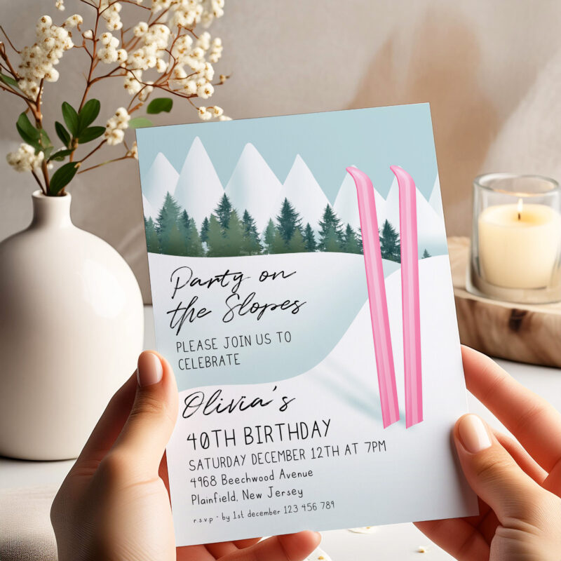 Party on the Slopes Invitation – Pink Ski Birthday Template Birthday Invitations